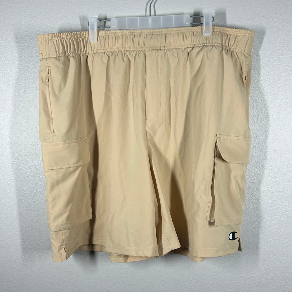Champion Mens Cargo Shorts XXL Tan Khaki Elastic Waist Stretch Zip Pocket